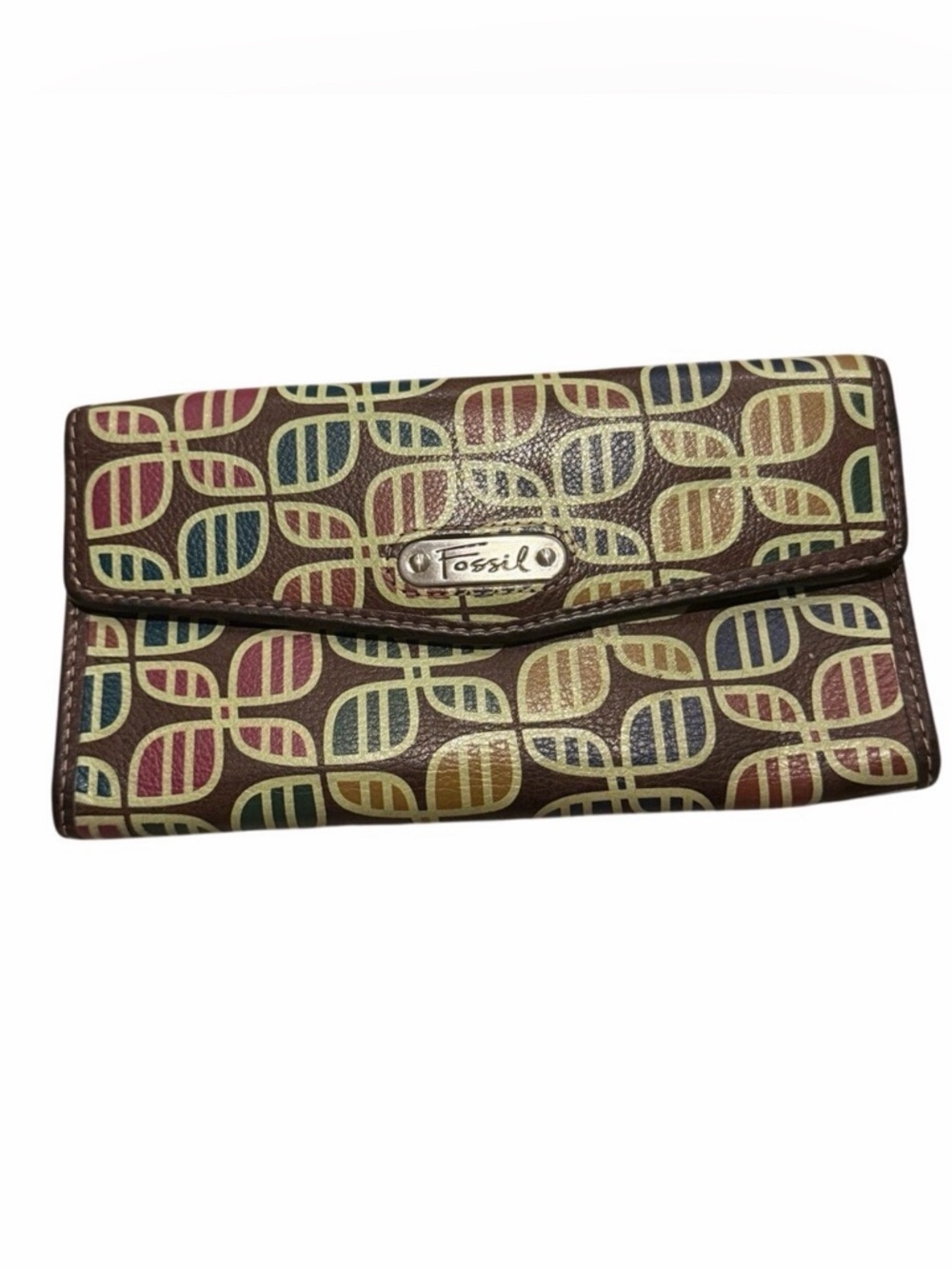 Fossil Leather Checkbook Wallet Brown Retro Print Bifold Card Organizer Clutch